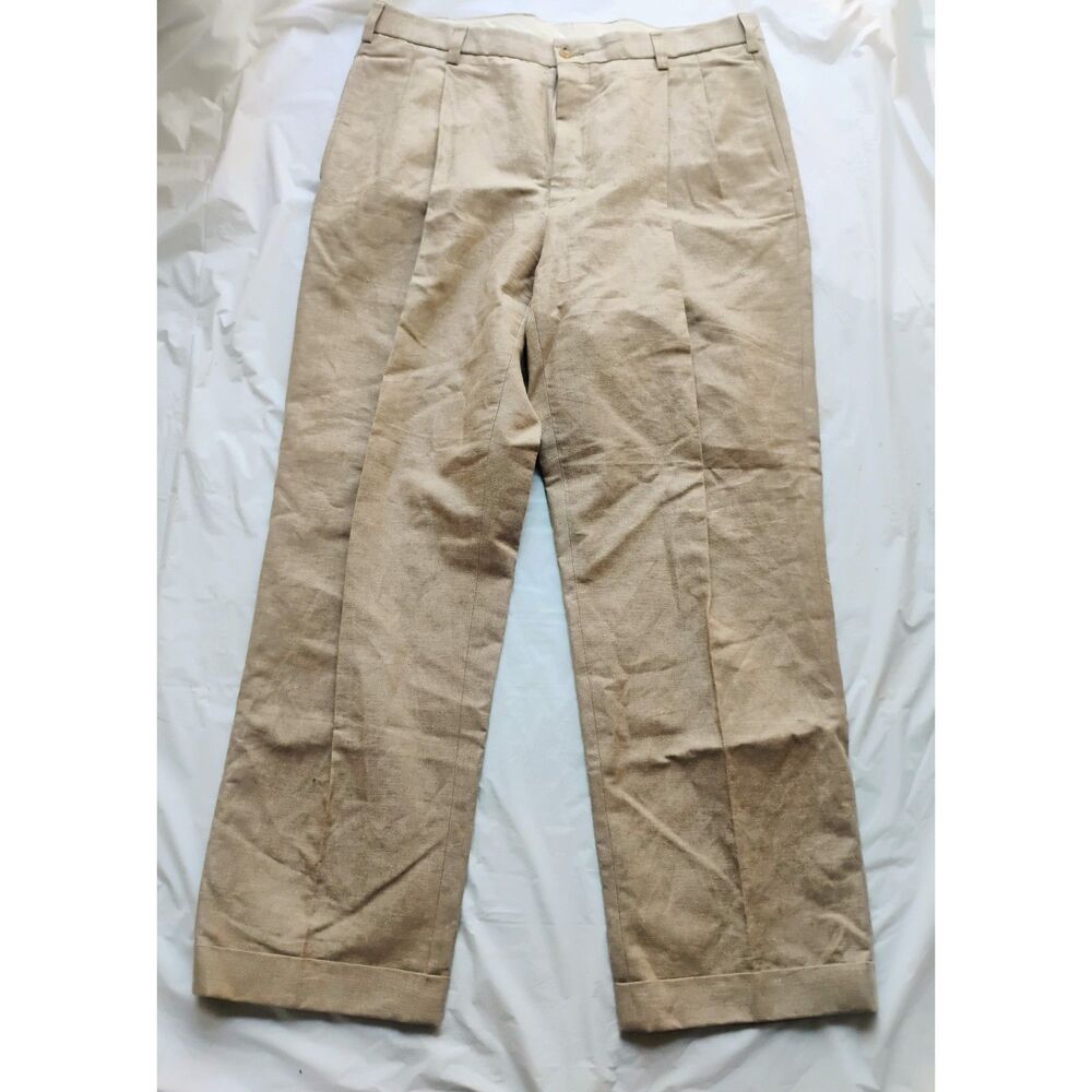 Orvis Men 36 Linen Cotton Blend Pleated Pants Khaki Tan Summer Coastal Old Money